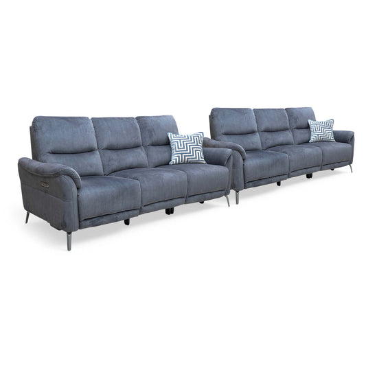 ‘Daytona’ Heritage Granite Velvet 3 + 3 Seater Power Recliner Sofa Set with Drinks Holder and Built-in Bluetooth Speaker