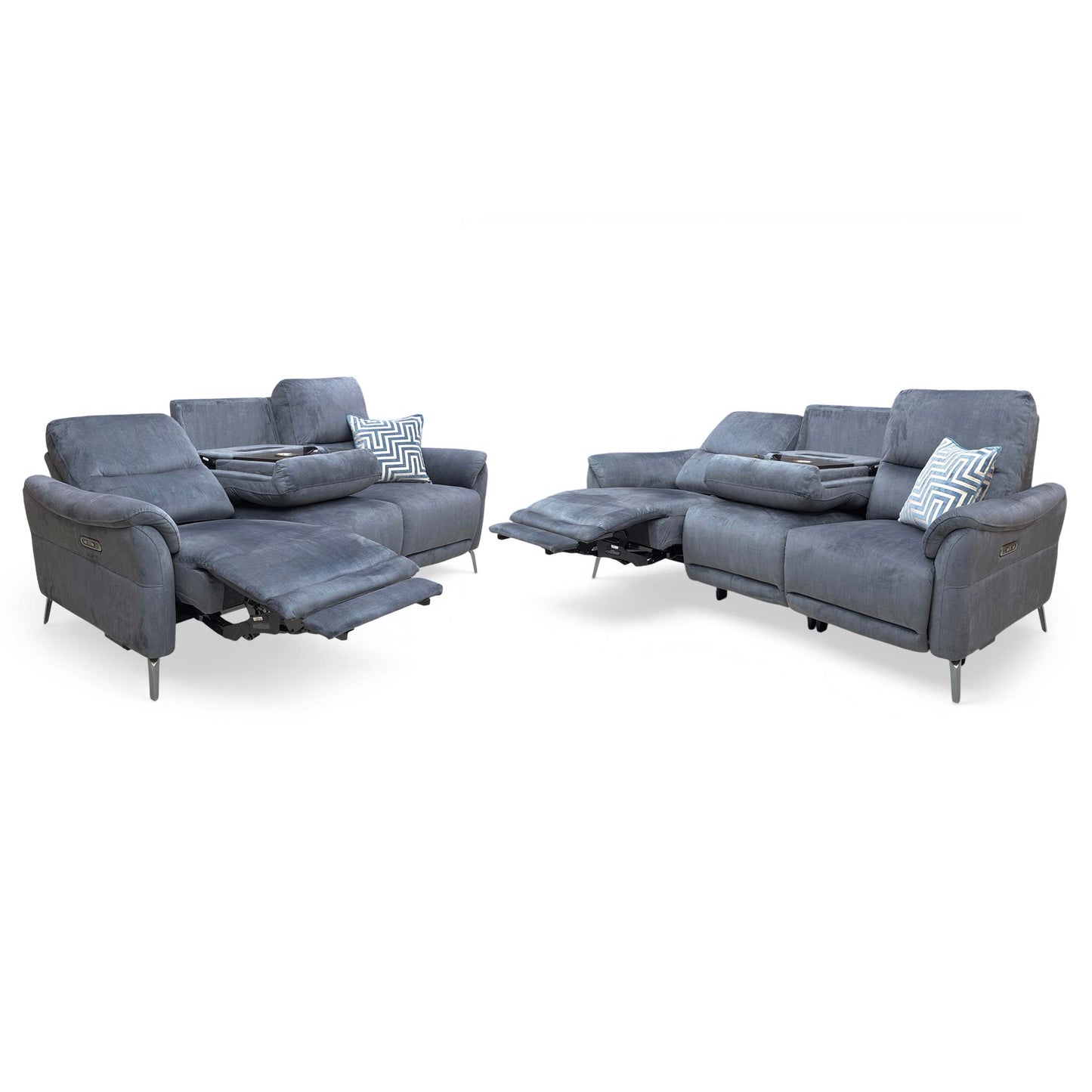 ‘Daytona’ Heritage Granite Velvet Set: 3 Seater Power Recliner Sofa with Drinks Holder and Built-in Bluetooth Speaker Set