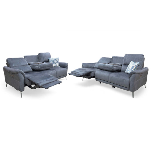 ‘Daytona’ Heritage Granite Velvet Set: 3 Seater Power Recliner Sofa with Drinks Holder and Built-in Bluetooth Speaker Set