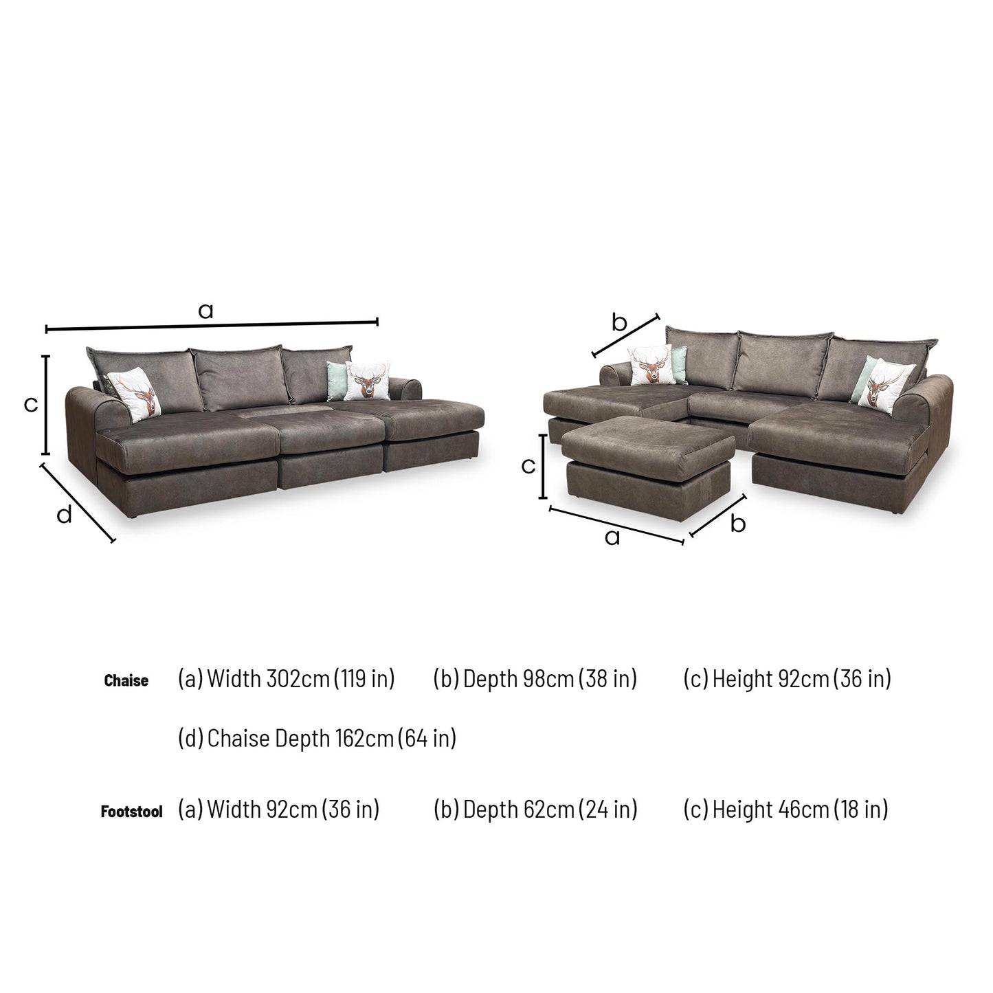 Dimensions for the ‘Serenis’ Sage Grey Rest Velvet Small Double Ended Chaise Sofa and Bench Footstool.
