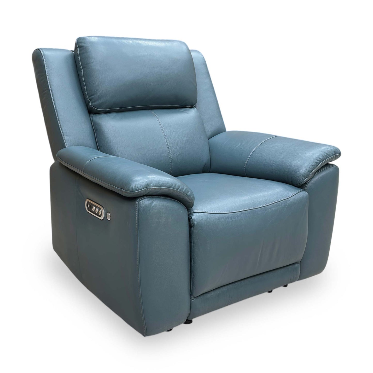 Side profile of the Utah chair in a fully reclined position, emphasizing the ergonomic support and the space-efficient reclining mechanism.