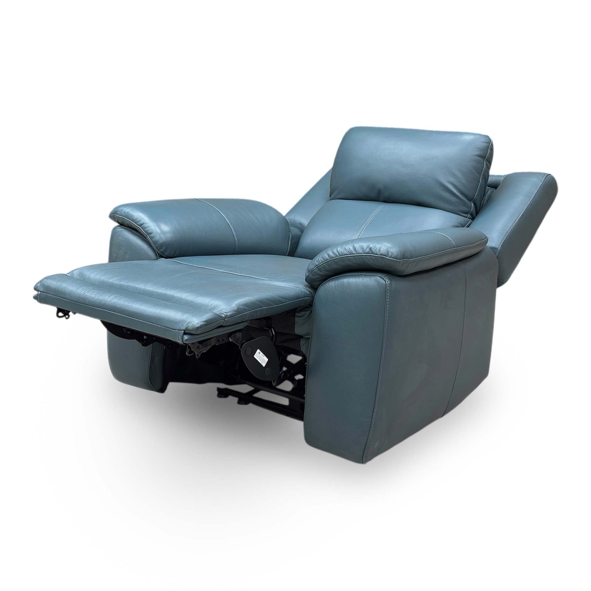 Side profile of the Utah chair in a fully reclined position, emphasizing the ergonomic support and the space-efficient reclining mechanism.