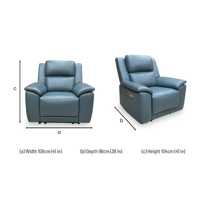 Dimensions for the ‘Utah’ Midnight Jade Matte Green Leather Power Recliner Armchair.