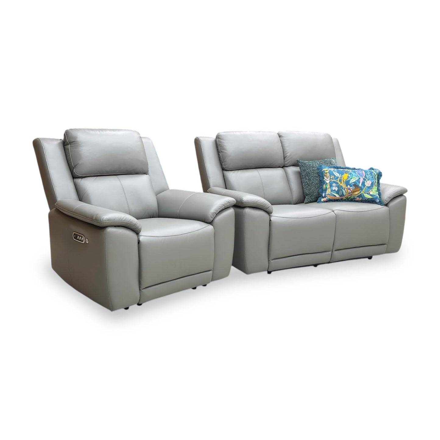 Side view of the Utah 2 seater power recliner, showing the sleek, compact design and supportive high back cushions.
