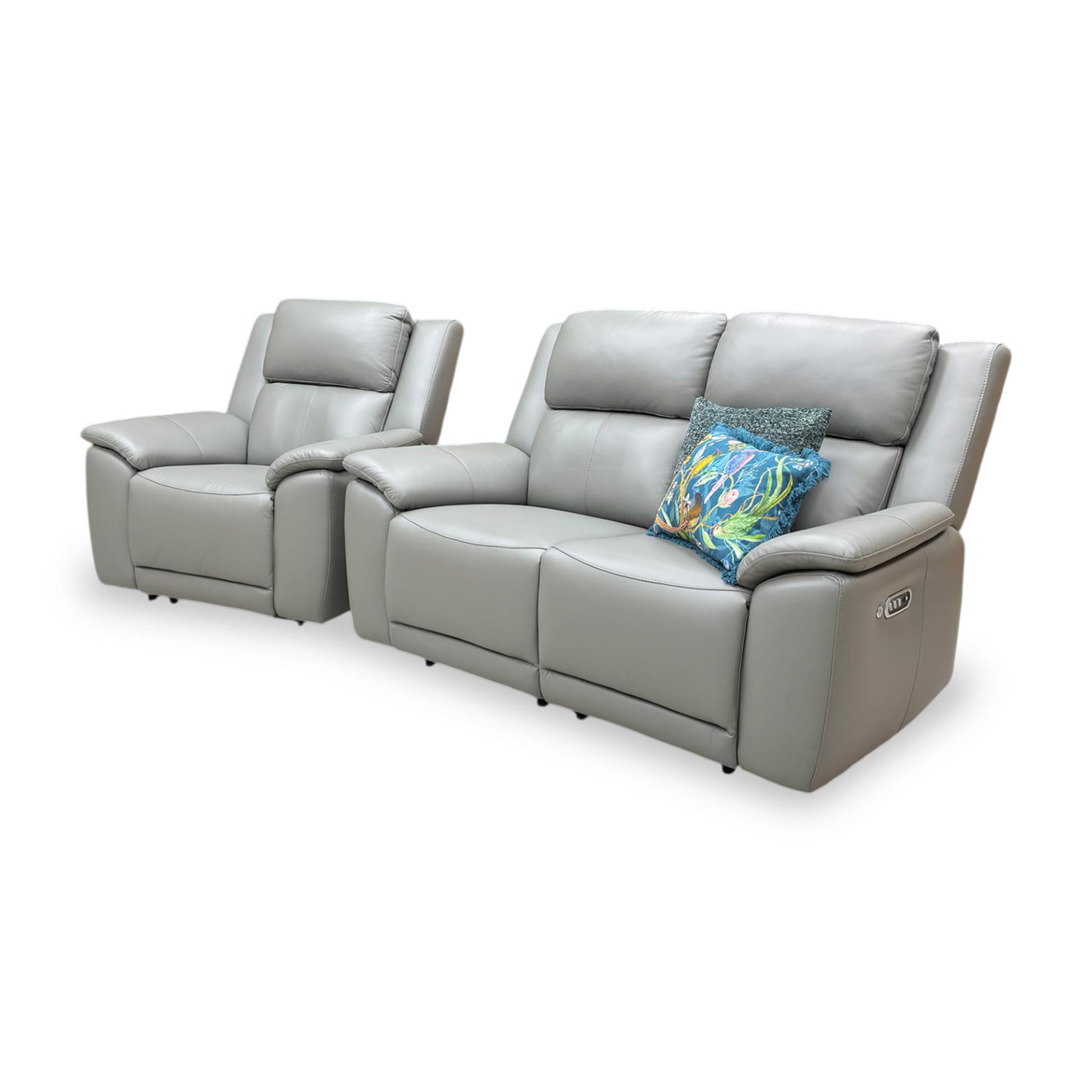 Side view of the Utah 2 seater power recliner, showing the sleek, compact design and supportive high back cushions.