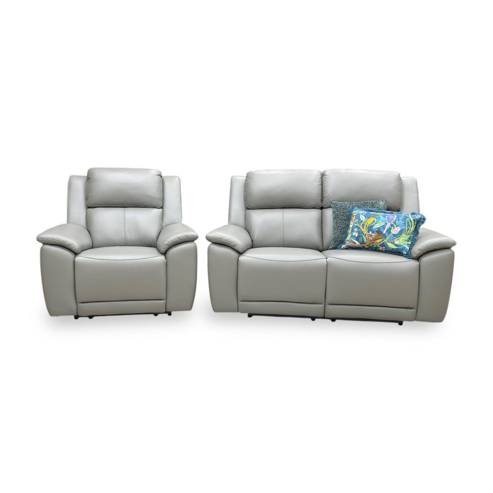 Front-facing view of the Utah 2 seater power recliner, showing the sleek, compact design and supportive high back cushions.