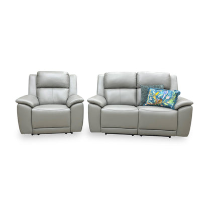 Front-facing view of the Utah 2 seater power recliner, showing the sleek, compact design and supportive high back cushions.