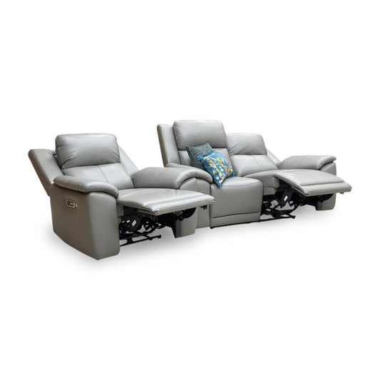 Full view of Utah 2 seater power recliner sofa and matching power chair in Natural Ash Grey leather, featuring a contemporary design with integrated power headrests and lumbar support.