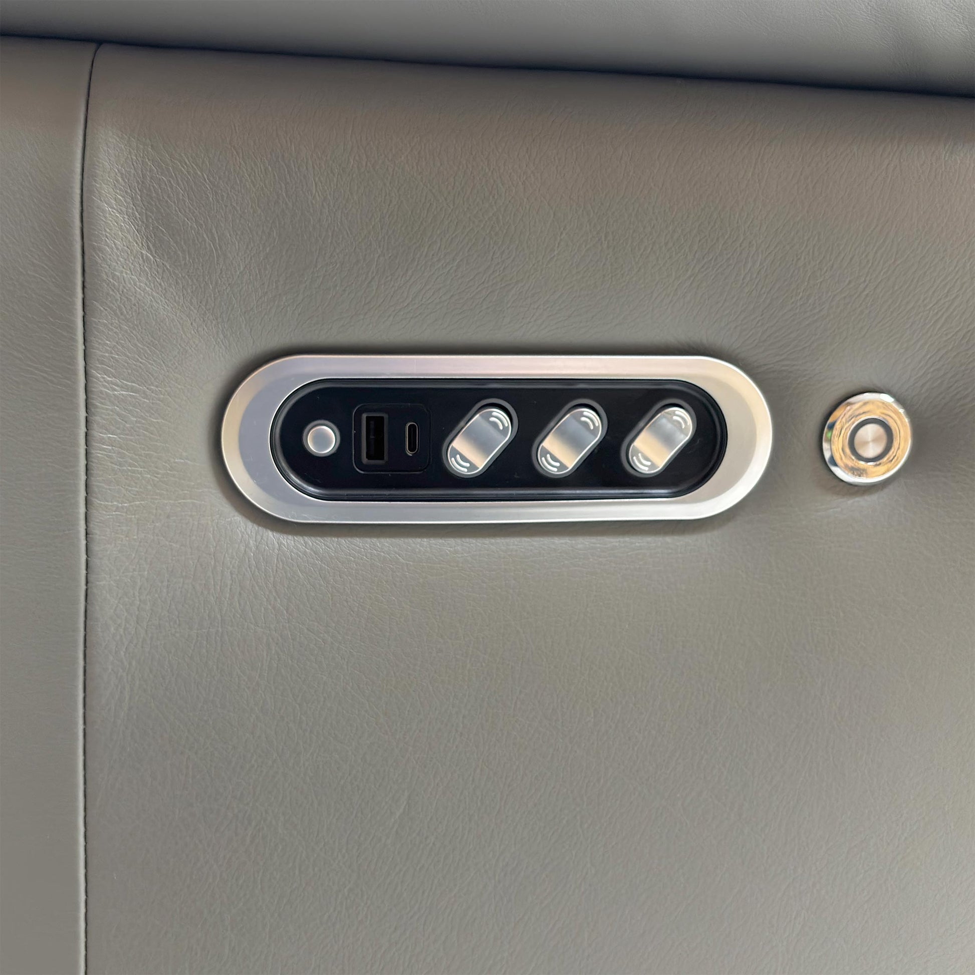 Close-up of the high-quality 100% leather in Natural Ash Grey, emphasizing the soft texture, durable finish, and meticulous stitching of the Utah set.