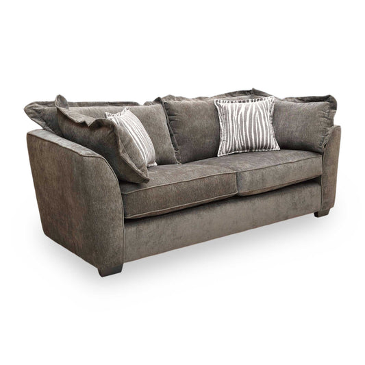 Full view of the ‘Finchley’ 3-seater classic back sofa in Moleskin Brown chenille fabric, featuring a timeless silhouette with deep-seated cushions and elegant scrolled arms.