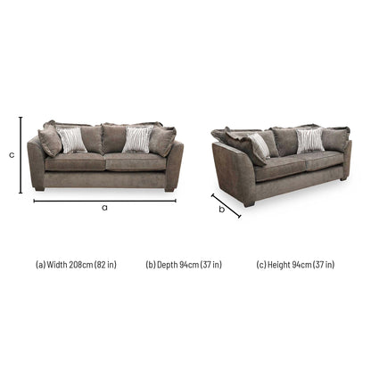 Dimensions for the ‘Finchley’ Moleskin Brown Chenille Fabric Classic Back 3 Seater Sofa.
