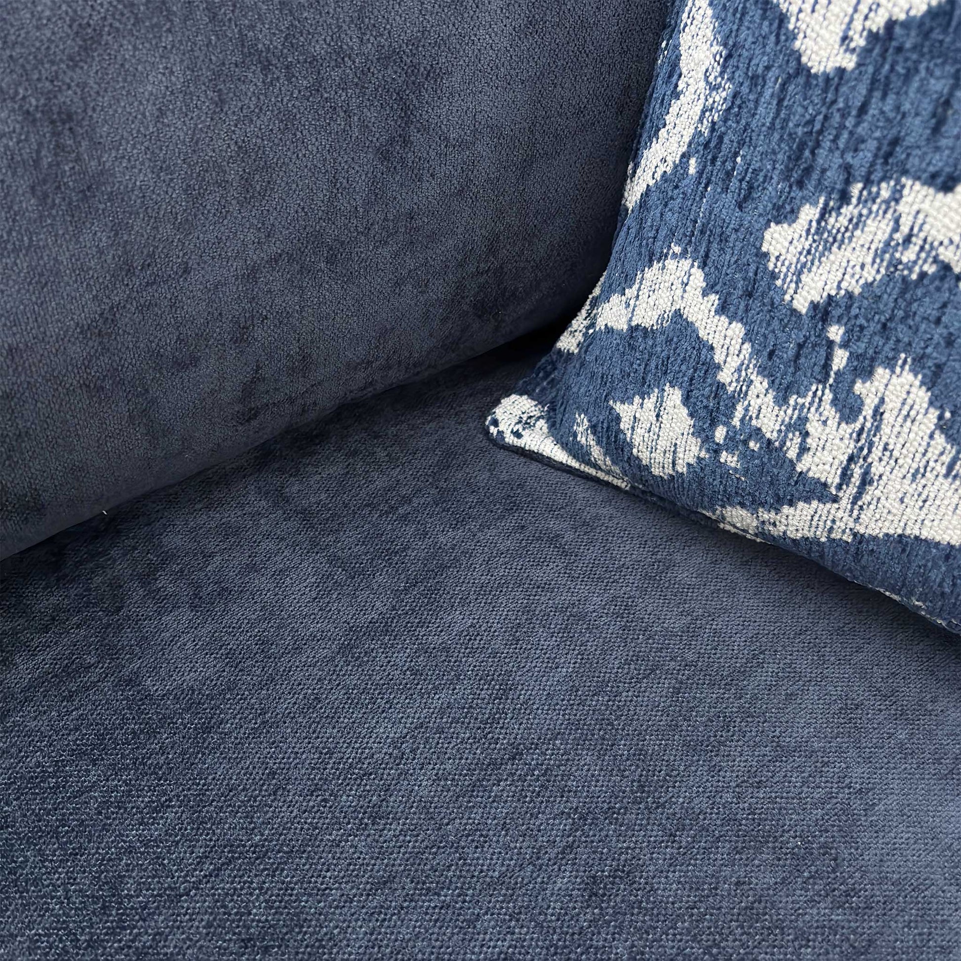 Close-up of the Denim Blue Derwent soft weave fabric, highlighting the intricate multi-tonal blue threads and the durable, high-quality texture.