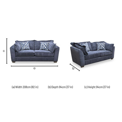 Dimensions for the ‘Finchley’ Denim Blue Derwent Soft Weave Fabric Classic Back 3 Seater Sofa.