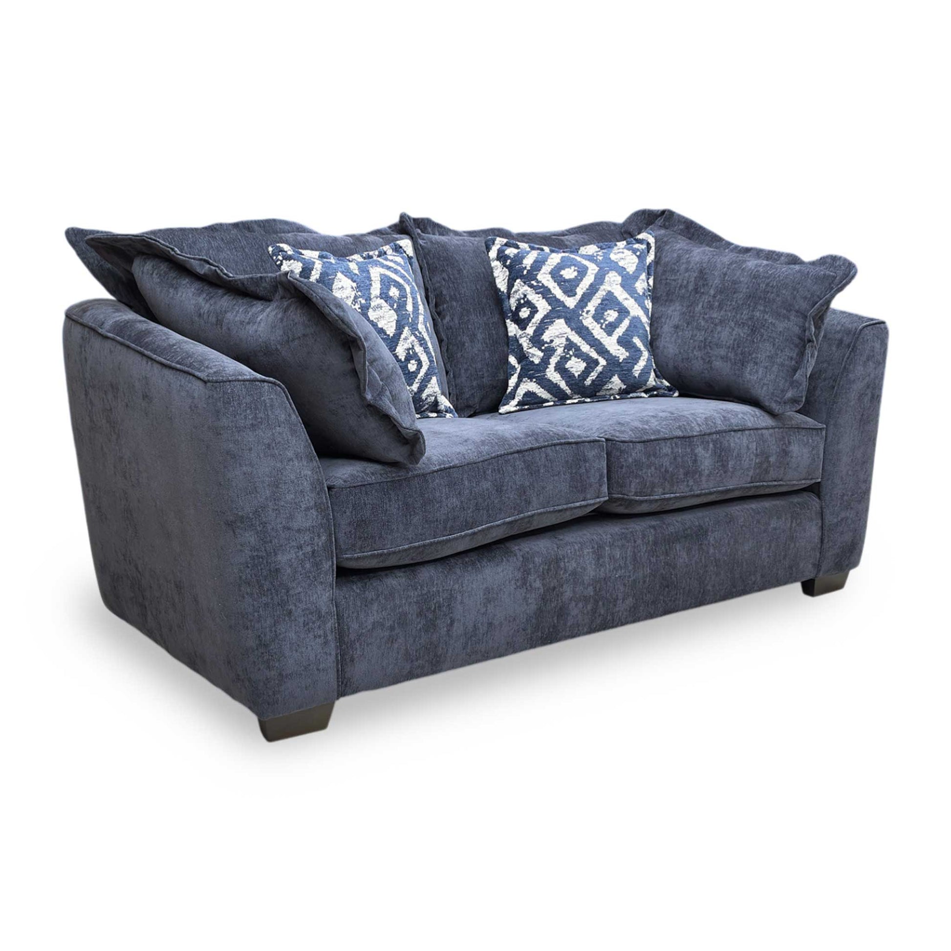 Full view of the ‘Finchley’ 2-seater classic back sofa in Denim Blue soft weave fabric, featuring a compact contemporary design with deep-filled cushions and elegant scrolled arms.