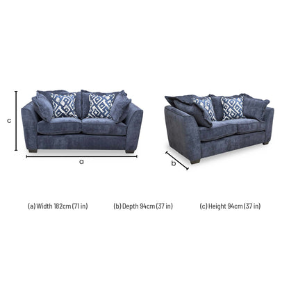 Dimensions for the ‘Finchley’ Denim Blue Derwent Soft Weave Fabric Classic Back 2 Seater Sofa.