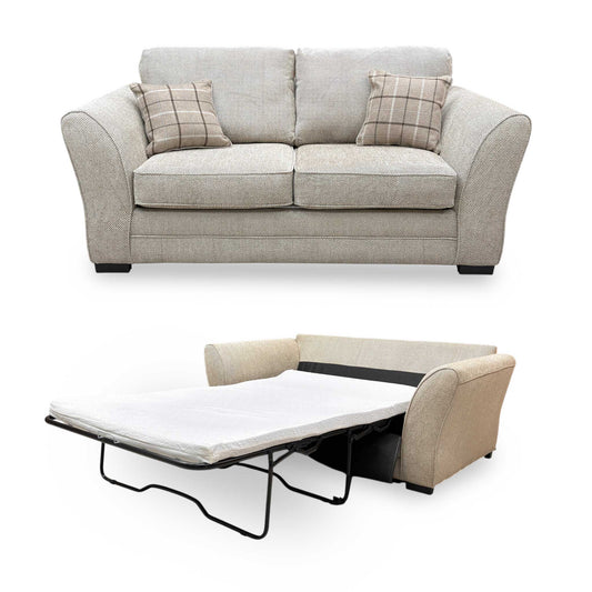 Full view of Sophie Sultan 2 Seater Sofa Bed in oatmeal woven fabric, featuring a classic formal back and modern silhouette.