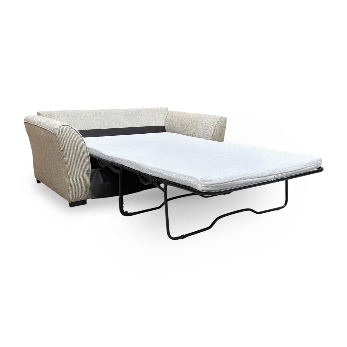 Side profile of the Sophie Sultan 2 seater sofa bed, showing the elegant armrest design and deep seating profile.