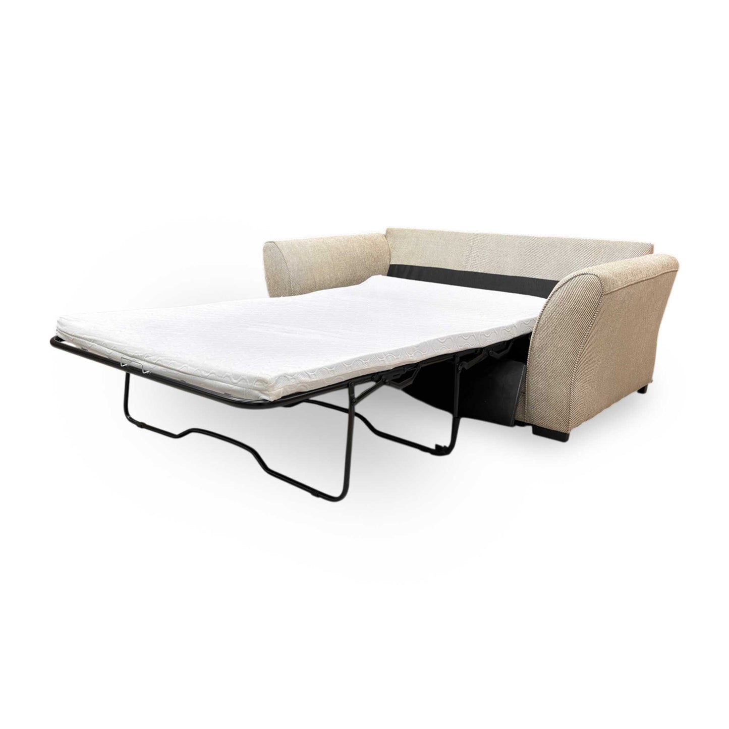 Side profile of the Sophie Sultan 2 seater sofa bed, showing the elegant armrest design and deep seating profile.