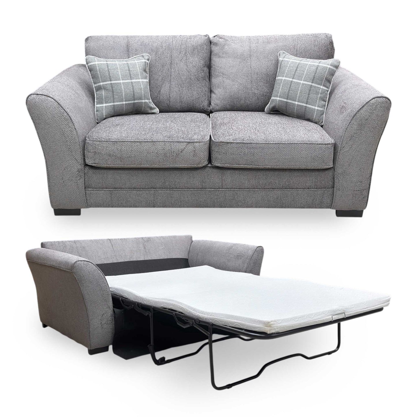 Full view of the ‘Sophie’ 2-seater sofa bed in Sultan Dark Grey woven fabric, featuring a compact contemporary design with clean lines and plush back cushions.