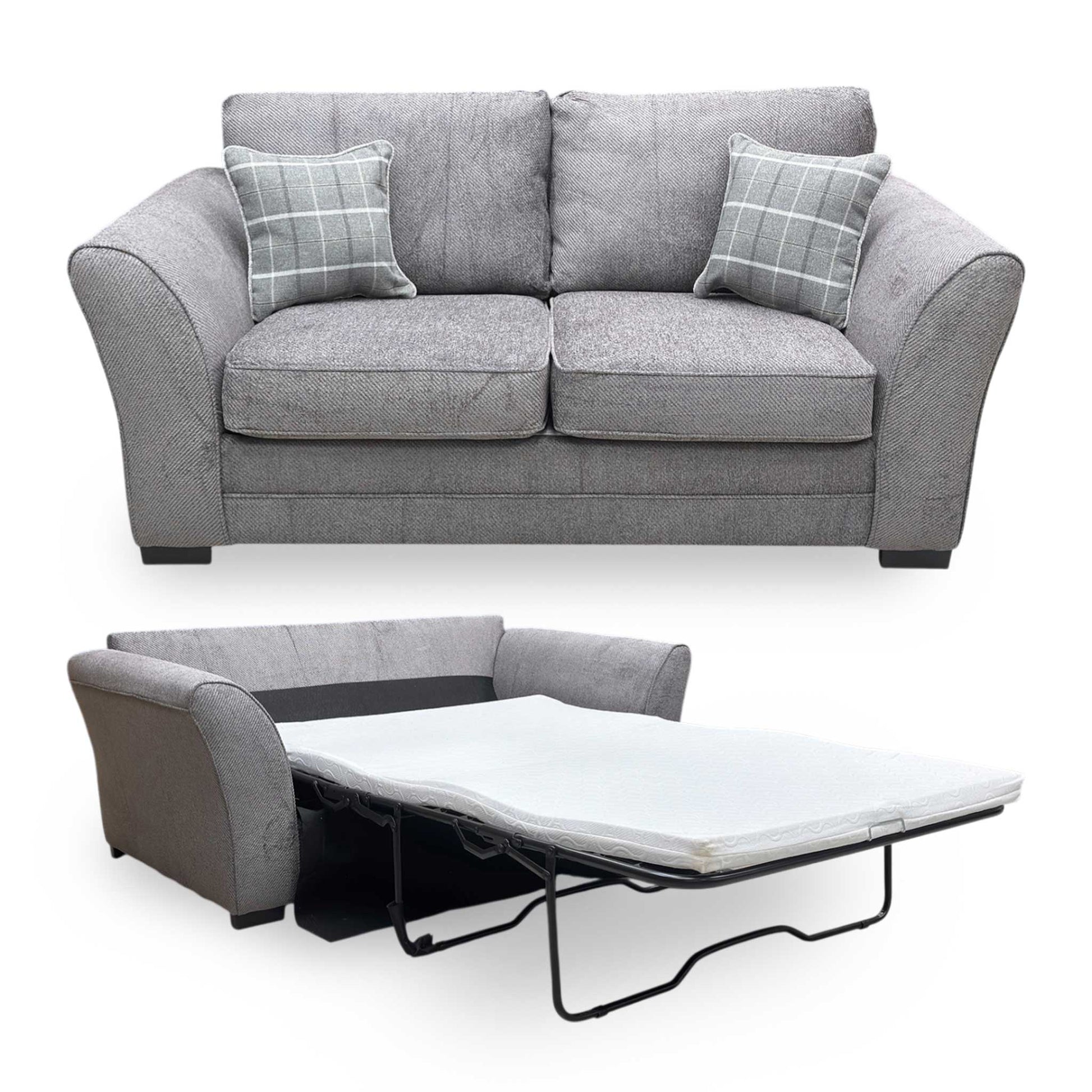 Full view of the ‘Sophie’ 2-seater sofa bed in Sultan Dark Grey woven fabric, featuring a compact contemporary design with clean lines and plush back cushions.