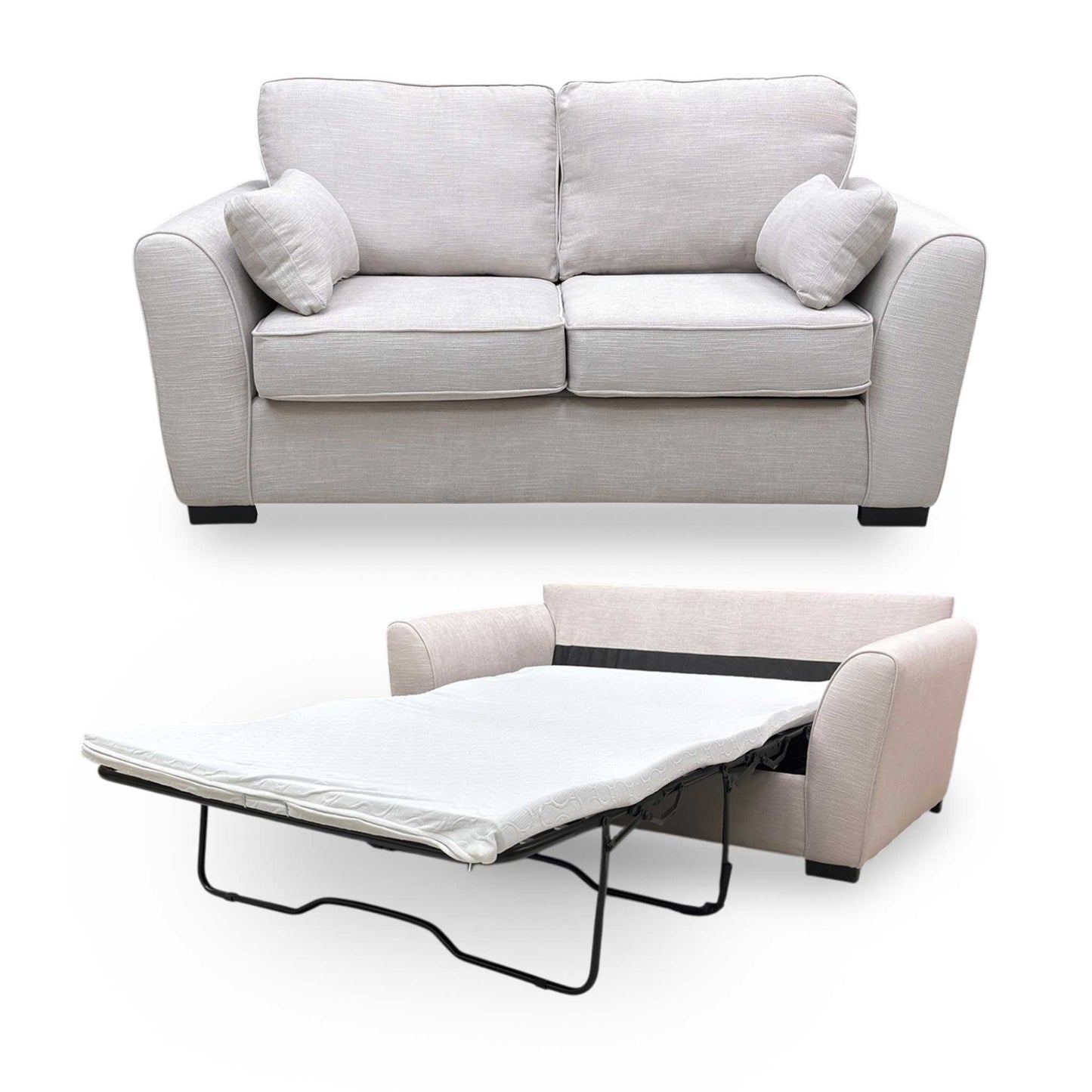 Full view Roma Pewter Grey Linen Fabric 2 Seater Sofa Bed featuring a contemporary design with padded armrests and plush seat cushions.