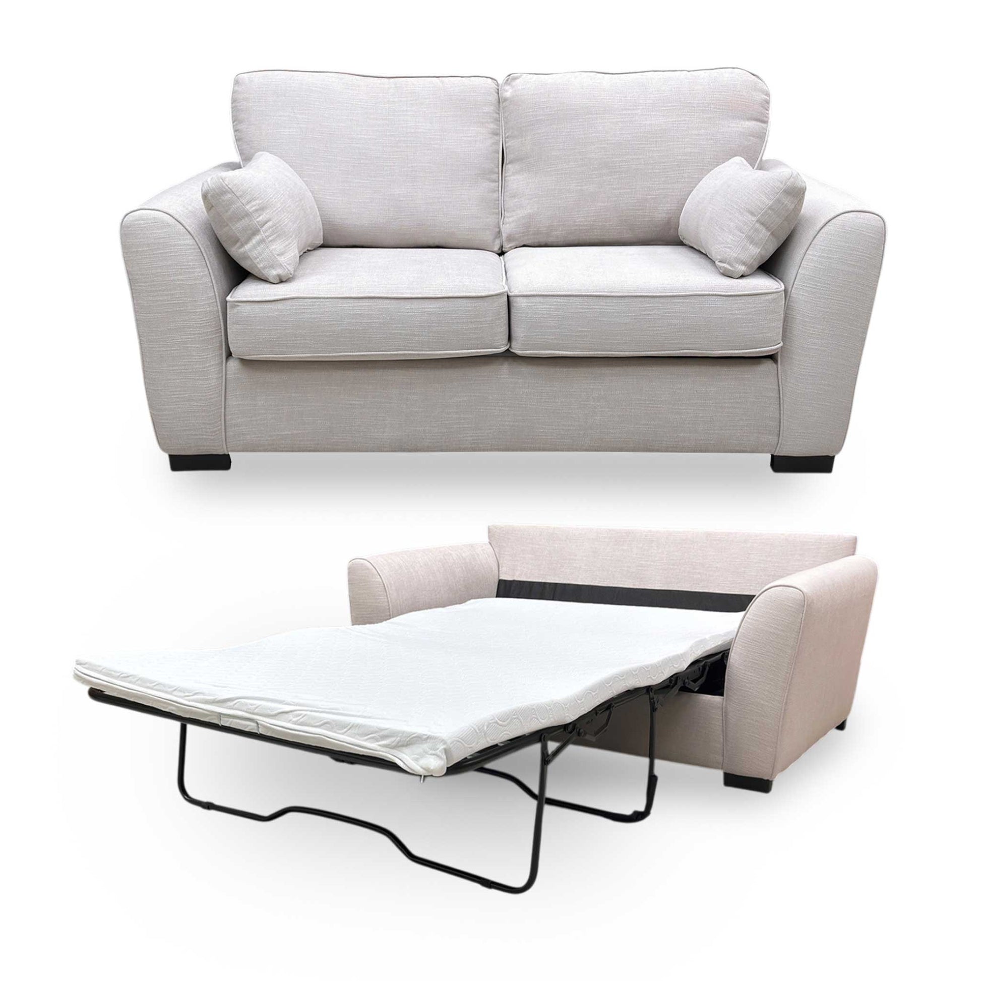Full view Roma Pewter Grey Linen Fabric 2 Seater Sofa Bed featuring a contemporary design with padded armrests and plush seat cushions.