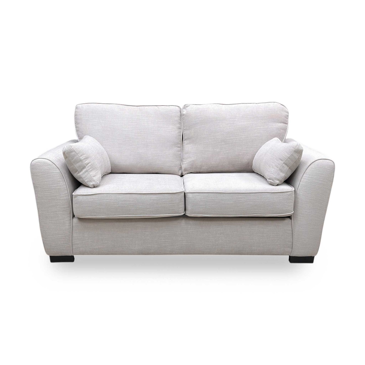 Front angle of the Roma sofa bed showing the depth of the cushions and the uniform grey linen finish.