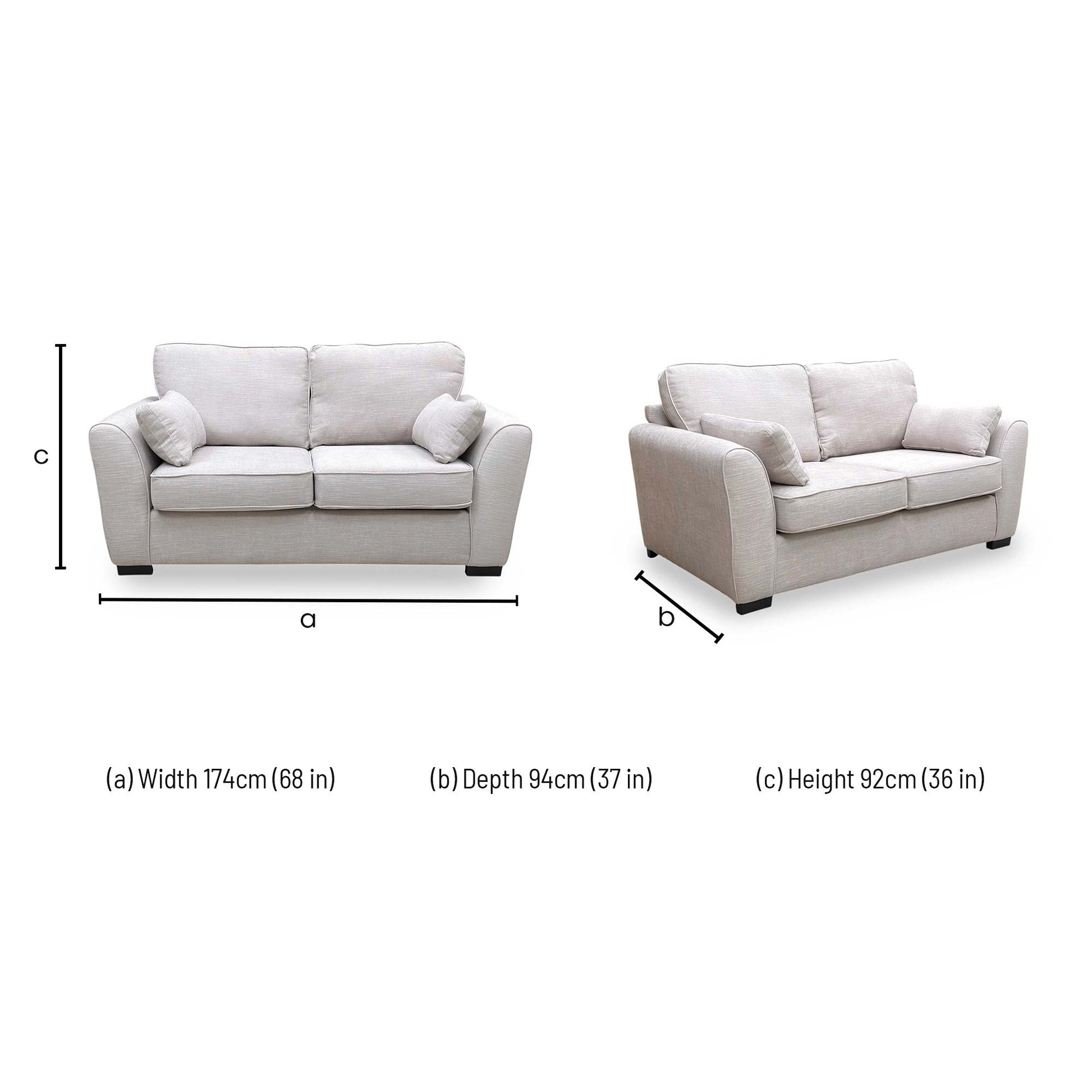 Diagram showing the dimensions of the Roma 2 seater sofa bed