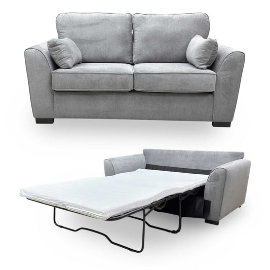 Full view of Roma Pewter Grey Linen Fabric 2 Seater Sofa Bed featuring a contemporary design with padded armrests and plush seat cushions.