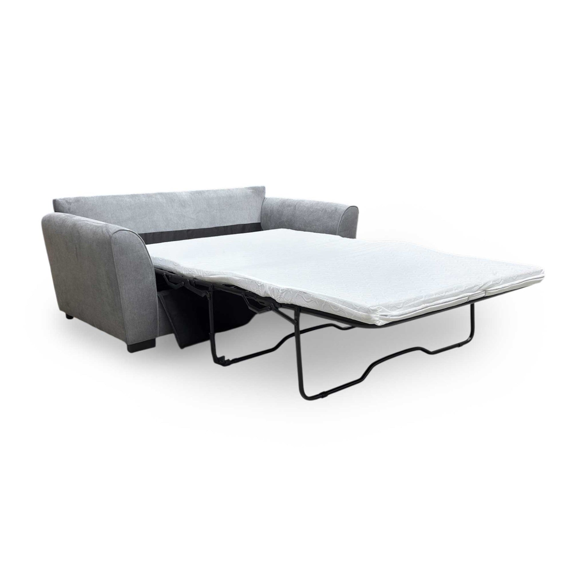 Three-quarter angle of the Roma sofa bed showing the depth of the cushions and the uniform grey linen finish.