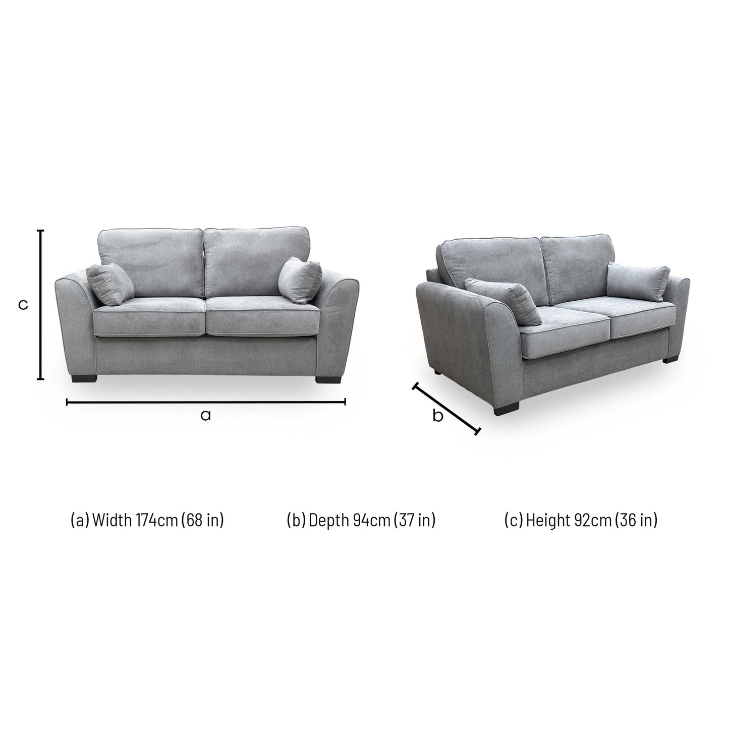 Dimensions of the Roma 2 seater sofa bed.