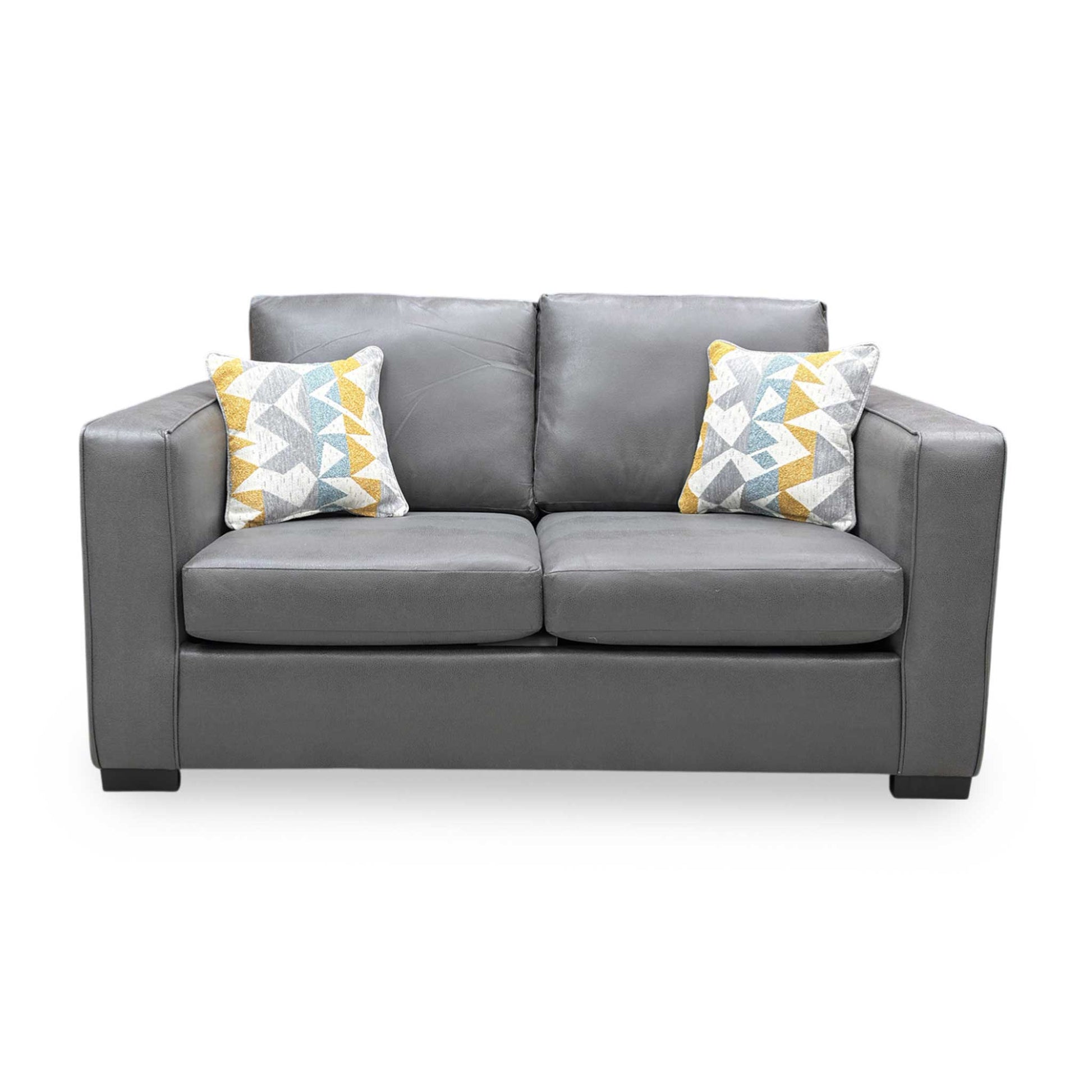 Front view of Grey snake faux leather Newton sofa bed styled in a contemporary living room, highlighting its compact and functional silhouette.