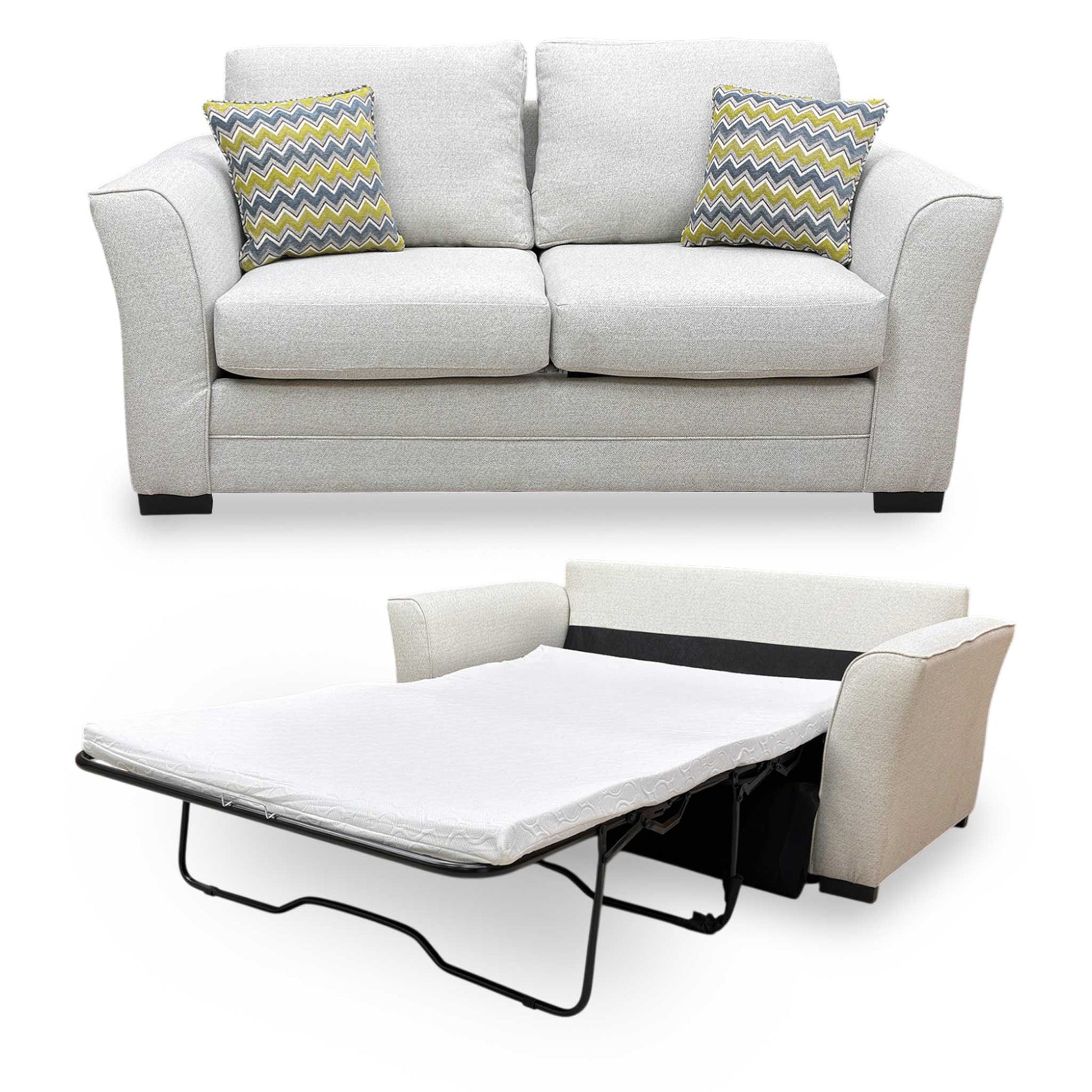 Full view of the Albany 2 Seater Sofa Bed in soft Cream Woven fabric, featuring a classic British silhouette with plush, inviting cushions.