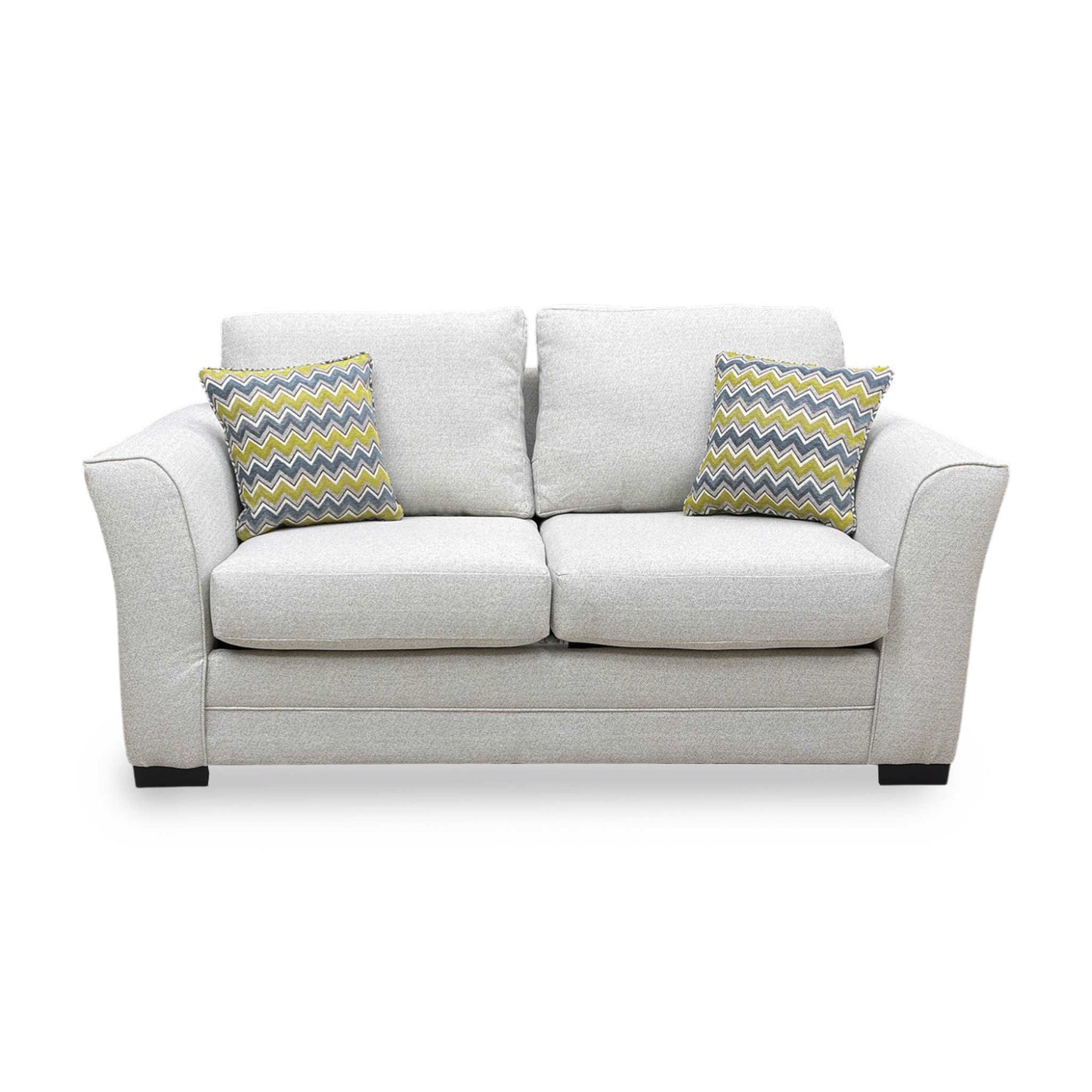 Front-on view of the Albany 2 seater sofa bed in cream woven fabric, highlighting the supportive back and flared armrests.