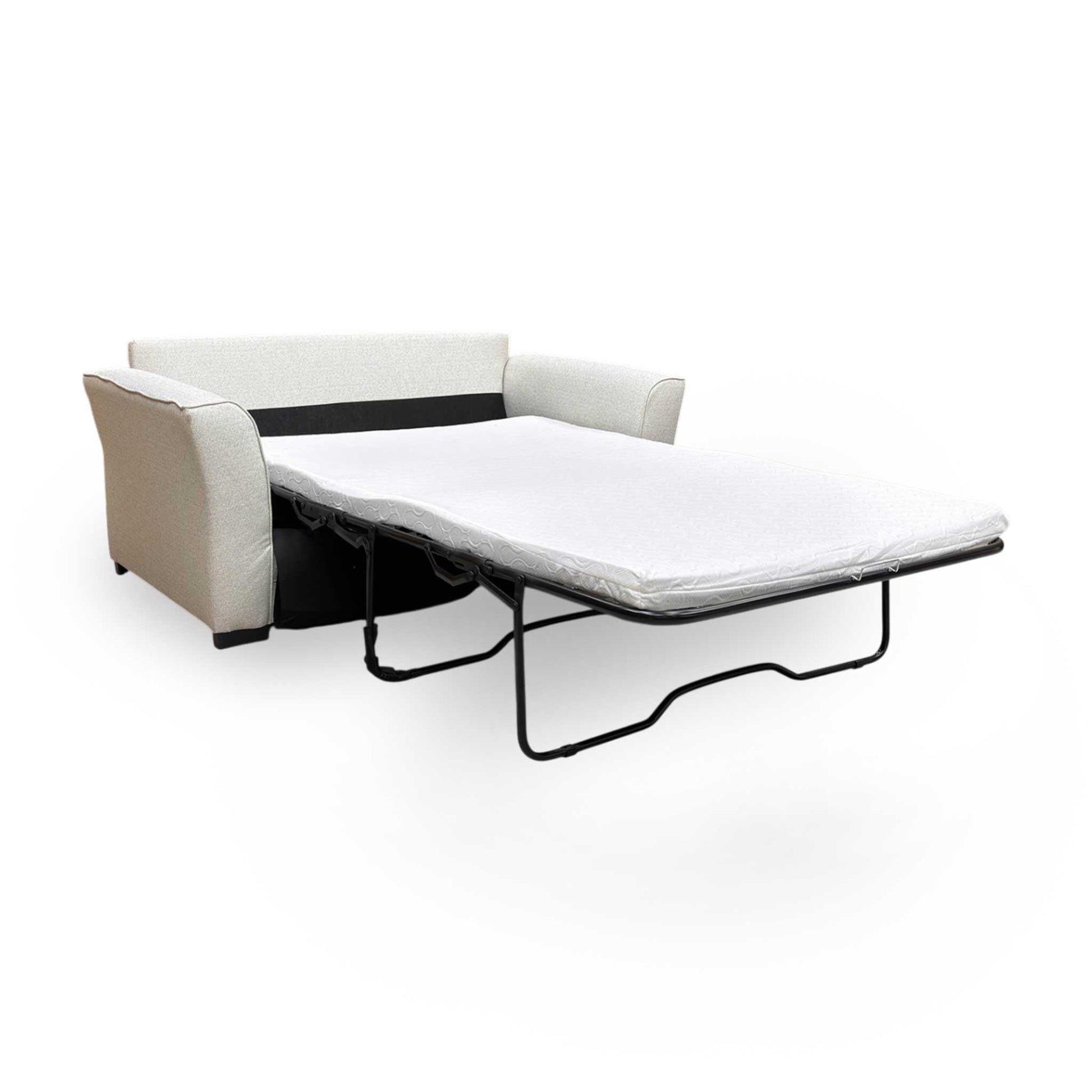 Side view of the solid wooden feet and sturdy base construction of the Albany cream fabric sofa bed.