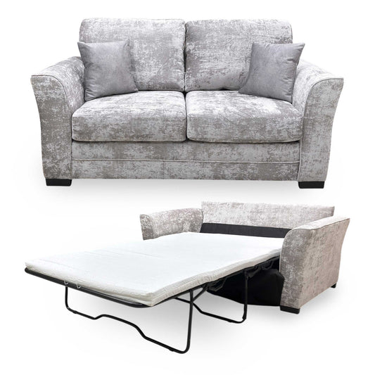 Full view of Albany 2 Seater Sofa Bed in Silver Chenille fabric, featuring a timeless British design with plush cushions.