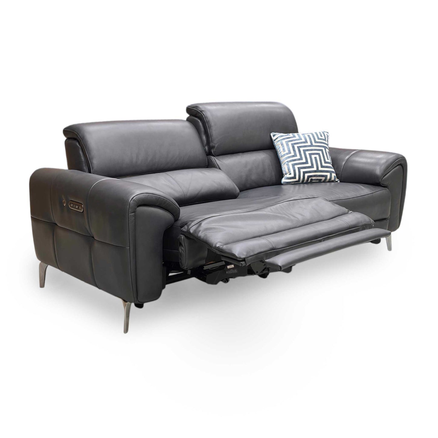 Full view of the Vino Oslo 3 Seater Power Recliner Sofa in Jet Black Cat-40:23 leather, featuring a contemporary high-back design with adjustable power headrests and slim metal legs.