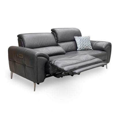 Full view of the Vino Oslo 3 Seater Power Recliner Sofa in Jet Black Cat-40:23 leather, featuring a contemporary high-back design with adjustable power headrests and slim metal legs.