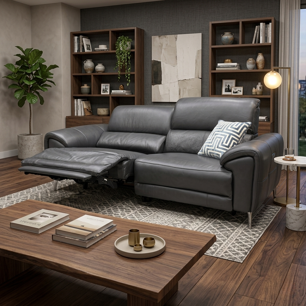 Living room view of the Jet black leather Vino Oslo power recliner sofa styled in a modern living room, highlighting its premium upholstery and luxury heated seating feature.