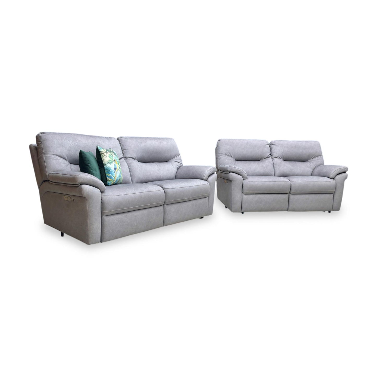 Side view of the sofa showing the power recliner controls and integrated USB ports for convenient device charging.