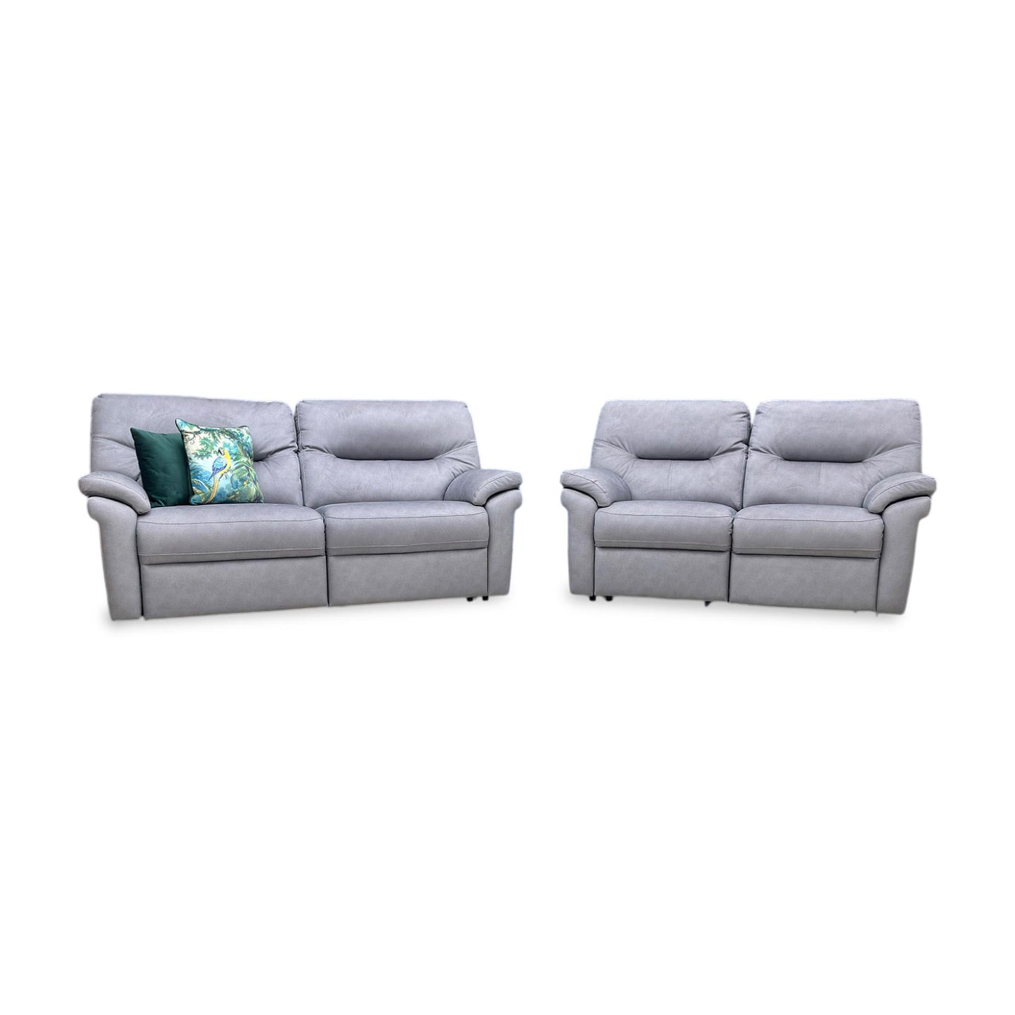 Frontal shot of both the 3-seater and 2.5-seater G Plan sofas, displaying the uniform contemporary style and sprung base support.