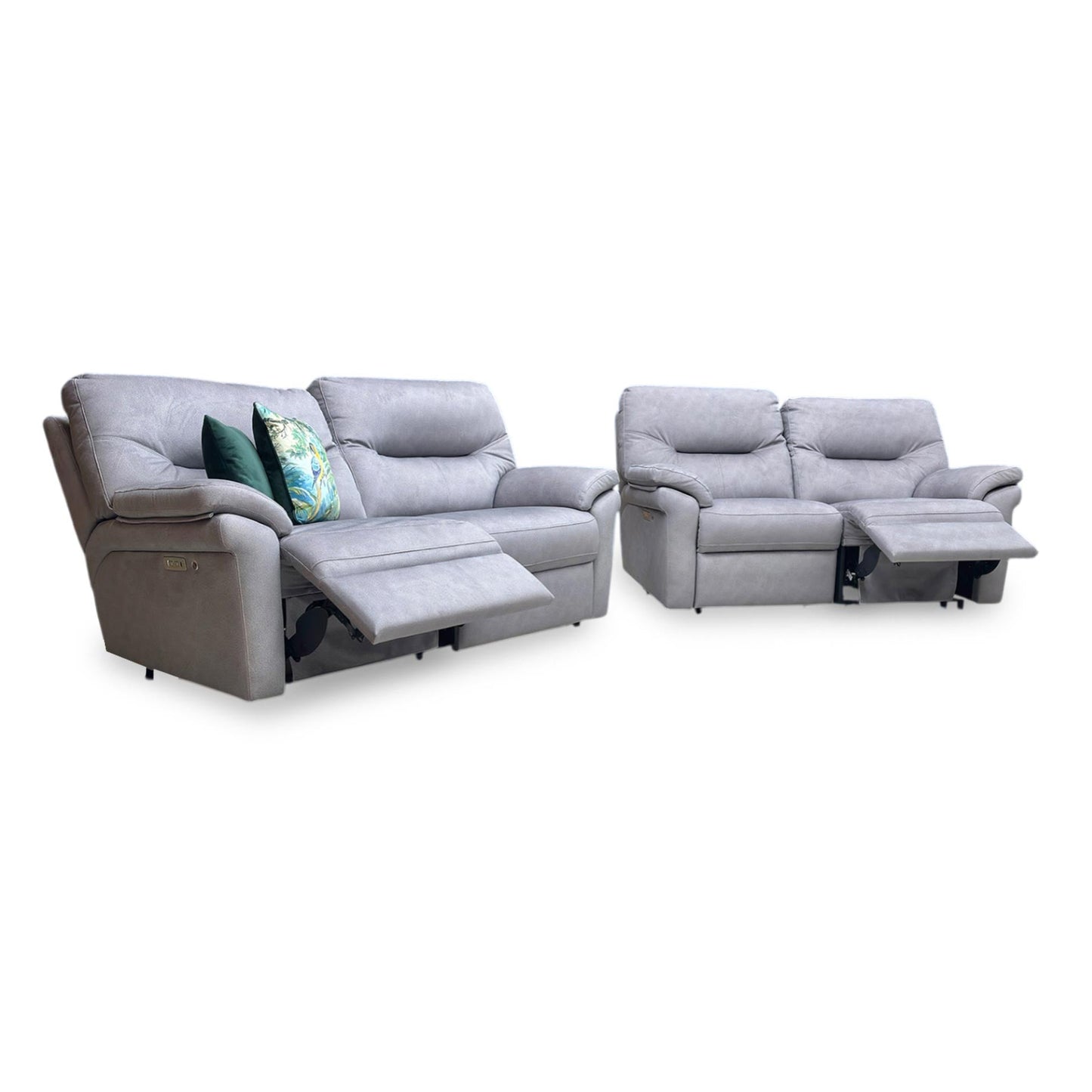 Full view of G Plan Seattle A124 sofa set in Stingray charcoal grey velvet, including a 3-seater and 2.5-seater power recliner with integrated heated seats.