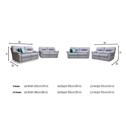 Dimensions diagram: 3-seater (202cm W x 100cm D x 101cm H) and 2.5-seater (168cm W x 100cm D x 101cm H).