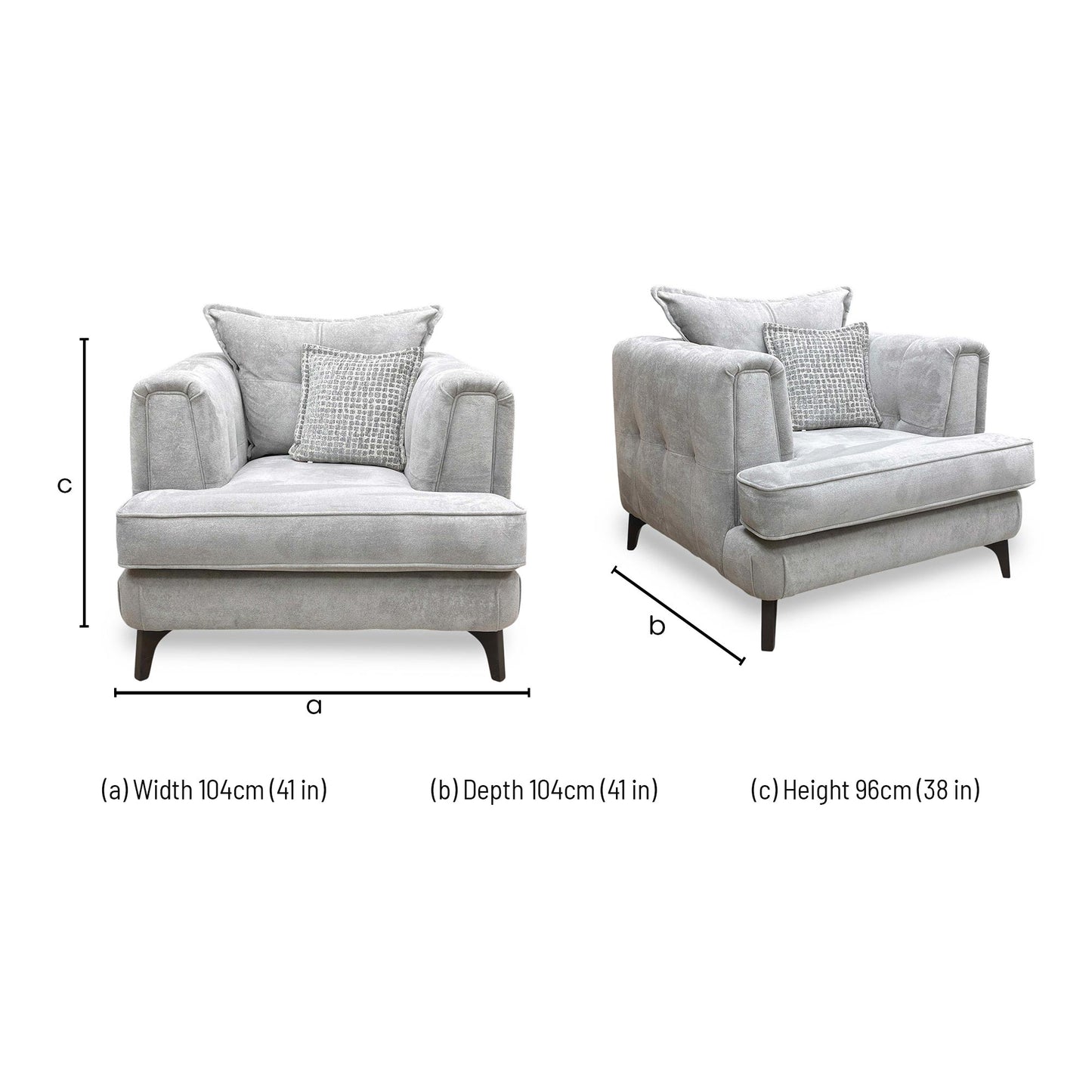 Dimensions for the ‘Farrah’ Riga Silver and Zena Silver DW Fabric Classic Back Chair.