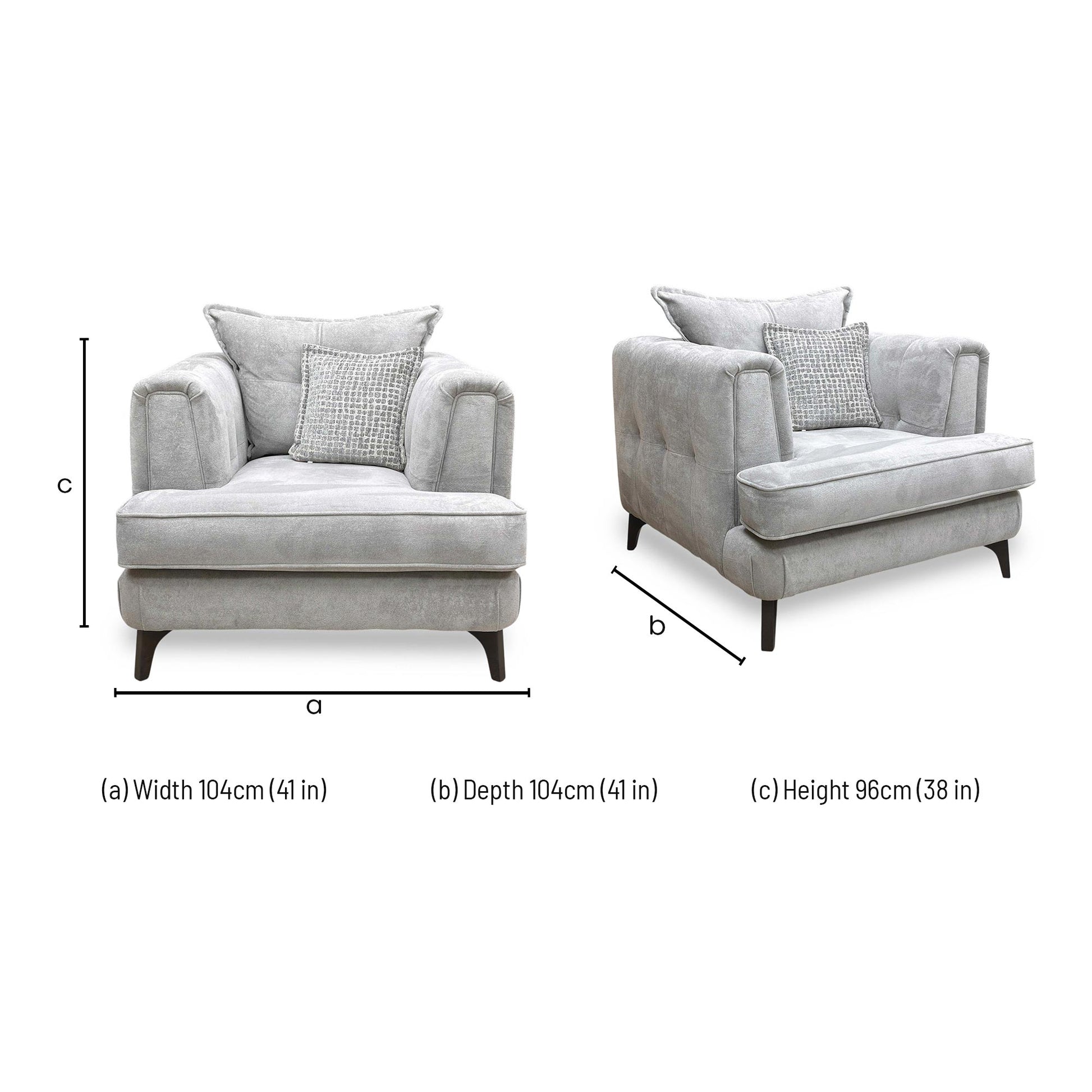 Dimensions for the ‘Farrah’ Riga Silver and Zena Silver DW Fabric Classic Back Chair.