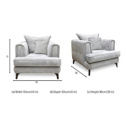 Dimensions for the ‘Farrah’ Riga Silver and Zena Silver DW Fabric Classic Back Chair.