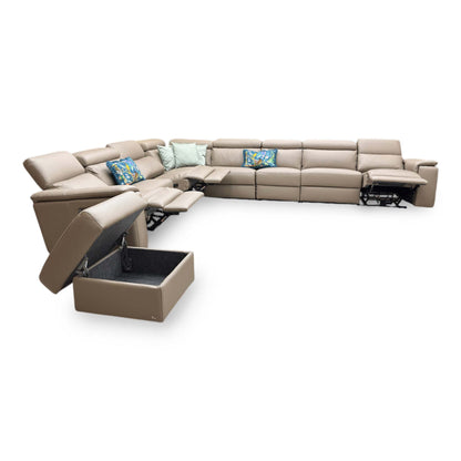 Nicoletti ‘Davide’ 312 Torello Taupe Leather 4 Corner 3 Power Recliner Sofa + Storage Footstool
