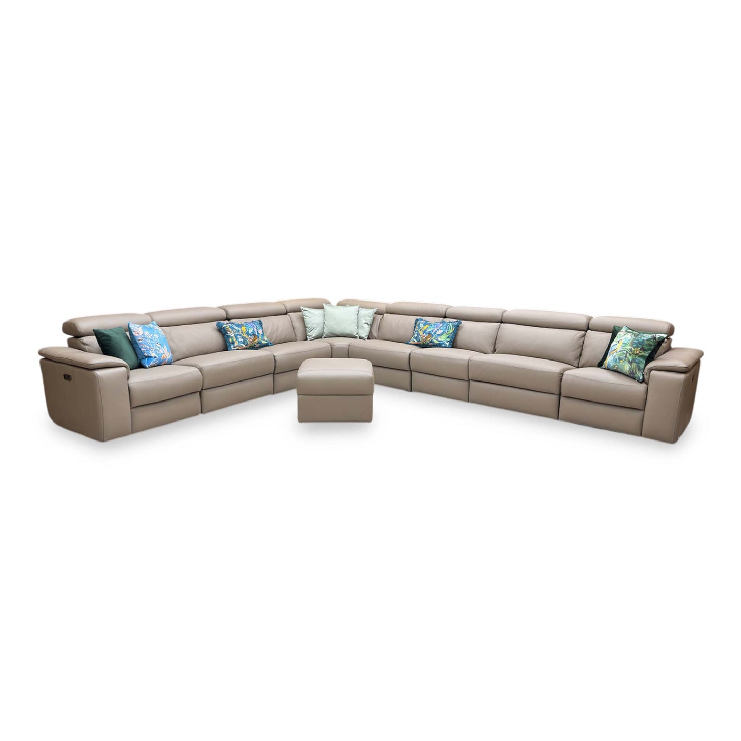 Nicoletti ‘Davide’ 312 Torello Taupe Leather 4 Corner 3 Power Recliner Sofa + Storage Footstool