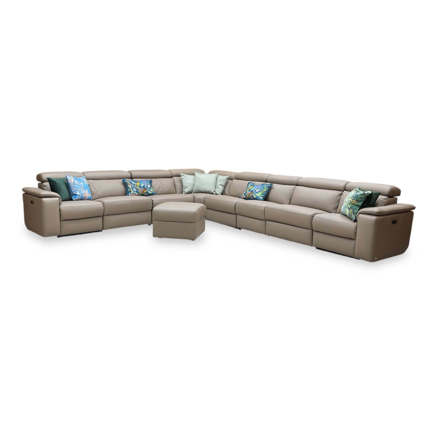 Nicoletti ‘Davide’ 312 Torello Taupe Leather 4 Corner 3 Power Recliner Sofa + Storage Footstool
