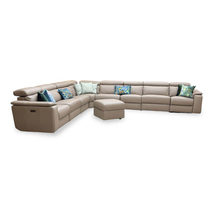 Nicoletti ‘Davide’ 312 Torello Taupe Leather 4 Corner 3 Power Recliner Sofa + Storage Footstool